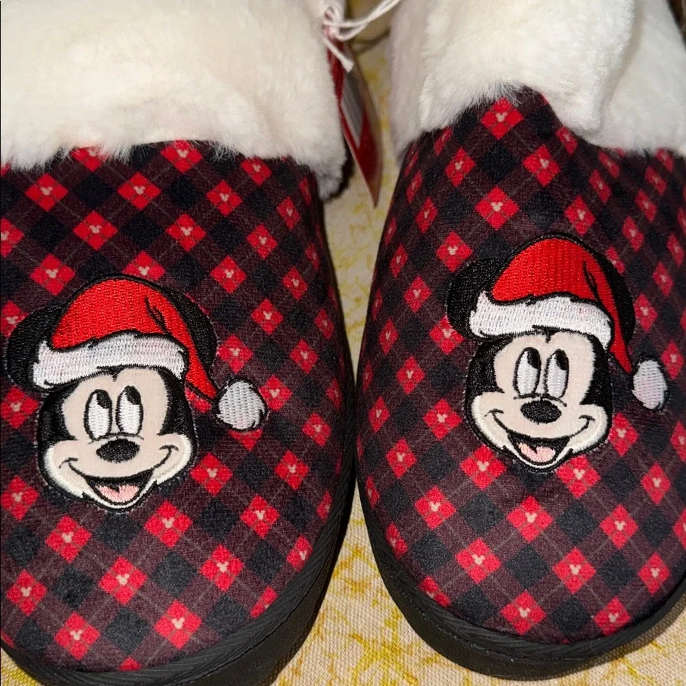 Disney Mickey Mouse Plush Holiday Mens Red & Black Faux Fur XMas House Slippers